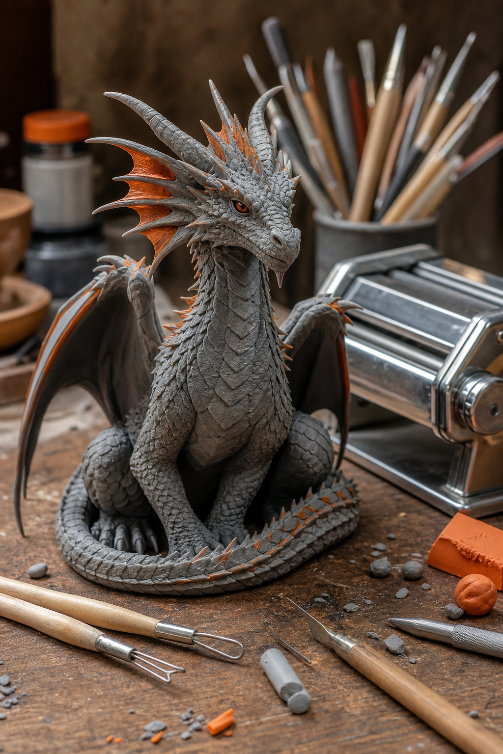 A photorealistic overhead shot of a polymer clay workspace with a colorful kaleidoscope cane on a cutting mat, surrounded by tissue blades, a pasta machine, and small rolled snakes of clay. Alt: Advanced polymer clay kaleidoscope cane tutorial on a workspace.