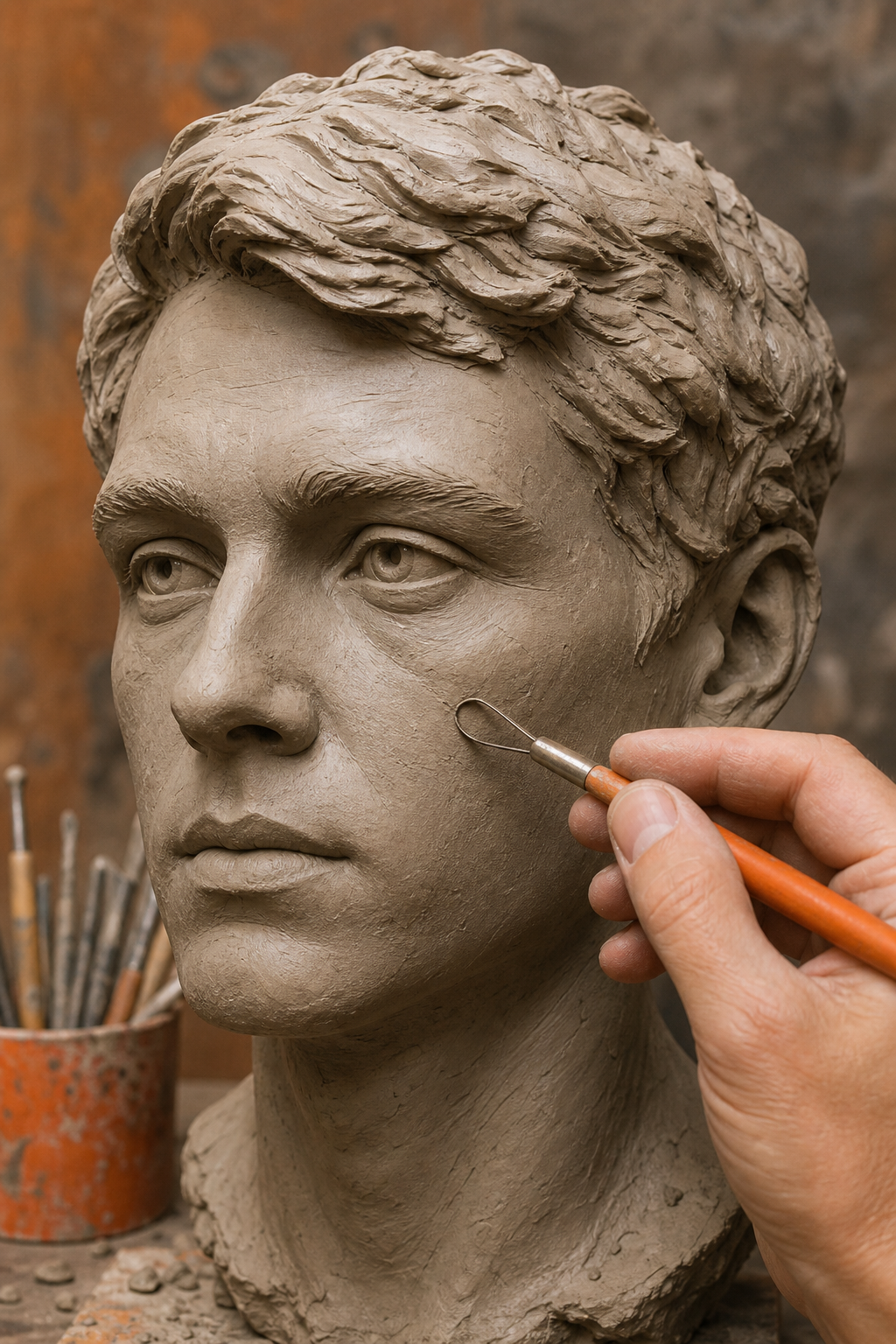 A close-up of a polymer clay human figure sculpture in progress, showing armature wire wrapped in foil and clay applied to build the torso and head. Natural daylight, art studio desk. Alt: Sculpting a human figure armature with polymer clay on a workbench.