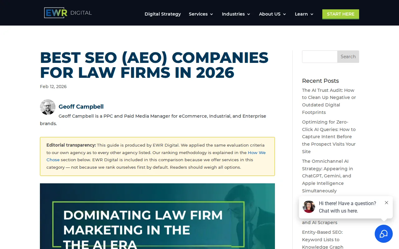 Best AEO Agencies in 2026: 8 Options Compared 2 Screenshot of the EWR Digital website