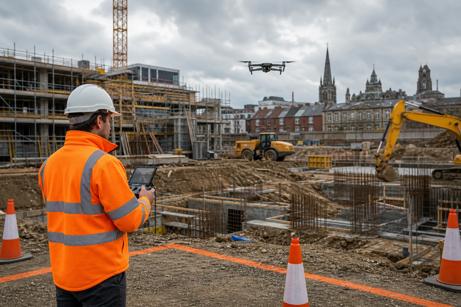 Drone operator planning safe aerial photography at a UK construction site.