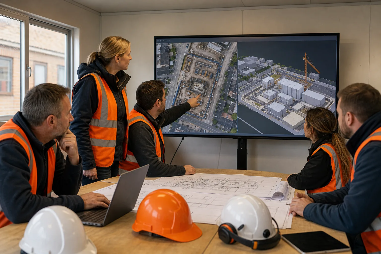 Construction team reviewing processed drone imagery and a 3D site model.
