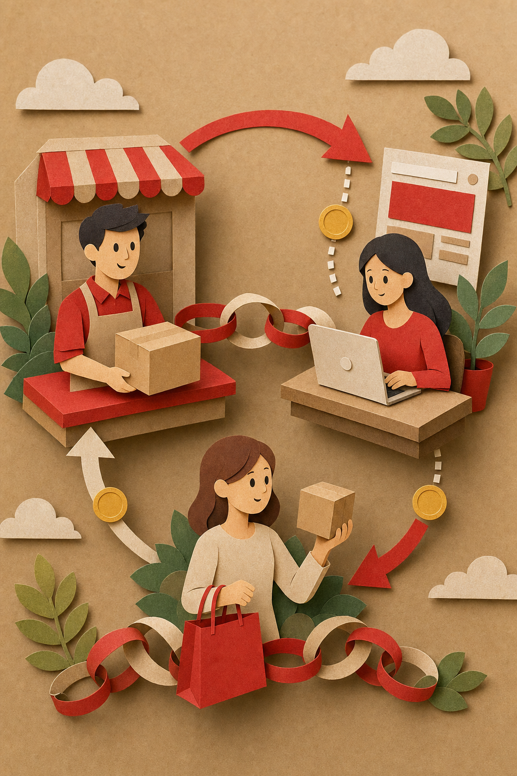 A papercraft-style illustration showing a flow diagram with colorful paper cutout figures representing a merchant, an affiliate publisher, and a customer connected by arrows and paper chain links, set against a warm craft-paper background with small paper coins falling between them. Alt: How affiliate marketing works , merchant, publisher, and customer flow diagram.