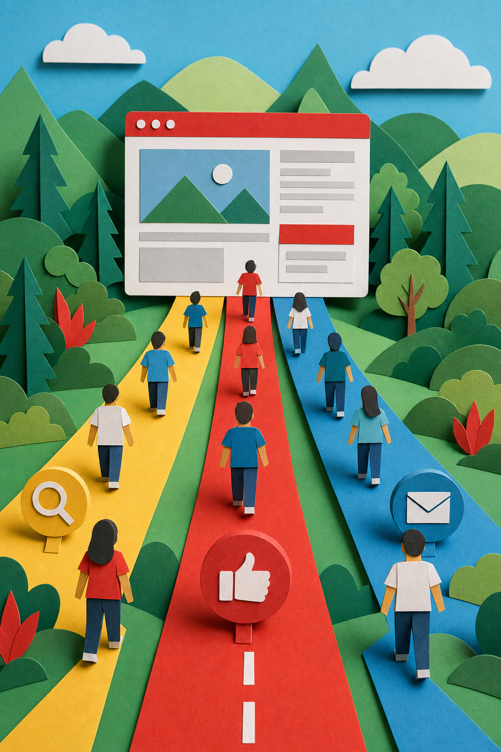 A papercraft-style scene showing multiple colorful paper roads converging toward a single paper website screen, with small paper figures walking along paths labeled SEO, Social, and Email , all set against a layered green paper landscape background. Alt: Multiple traffic channels driving visitors to affiliate content , SEO, social media, and email marketing.