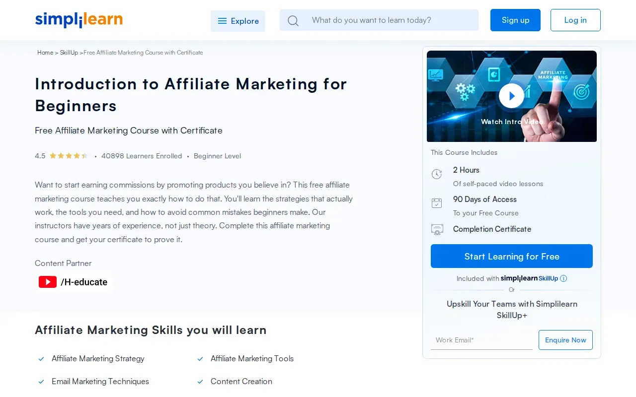 Screenshot of the Introduction to Affiliate Marketing for Beginners by Simplilearn website