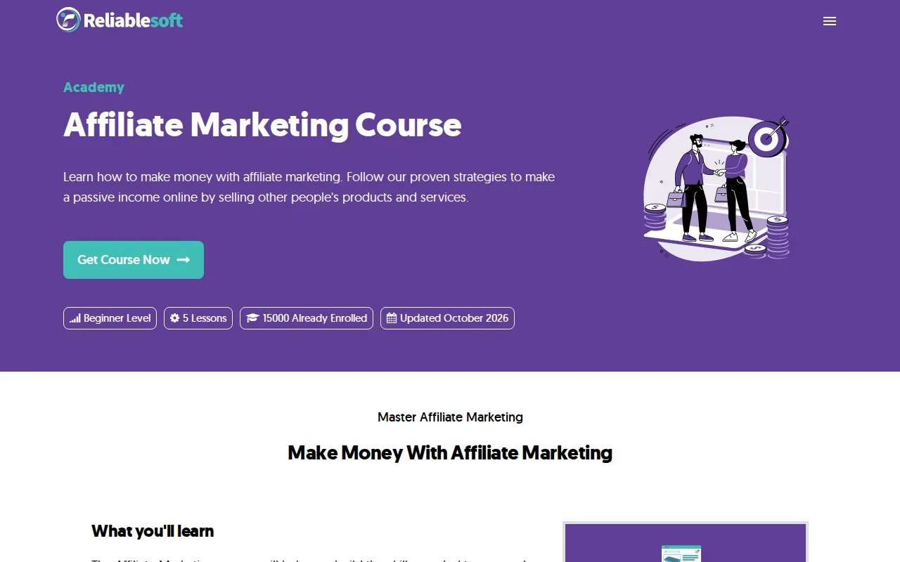 Screenshot of the Affiliate Marketing Course by ReliableSoft website