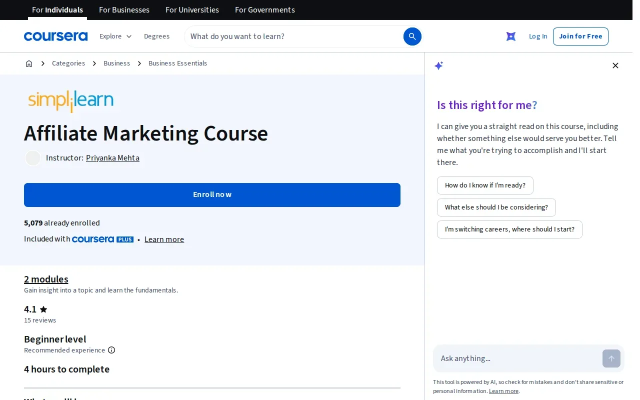Screenshot of the Affiliate Marketing Course by Coursera website