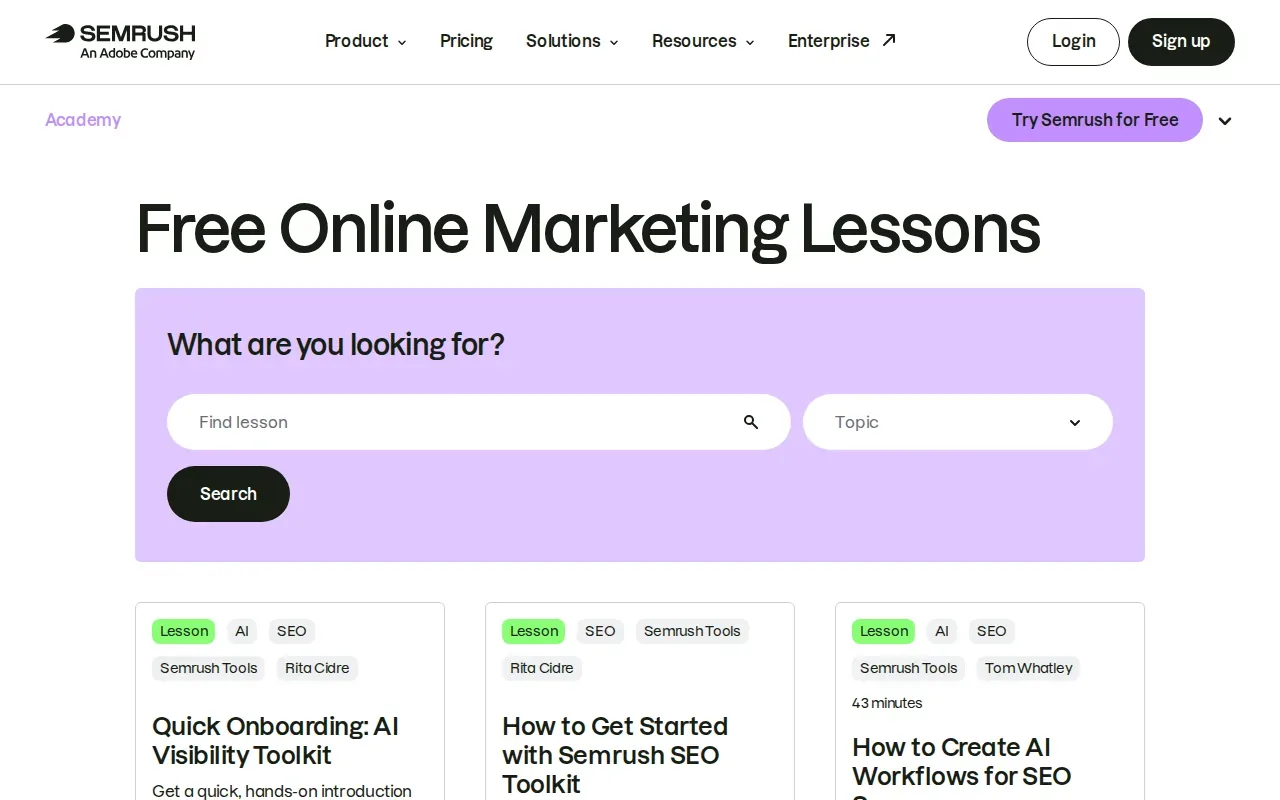 Screenshot of the Semrush Academy website
