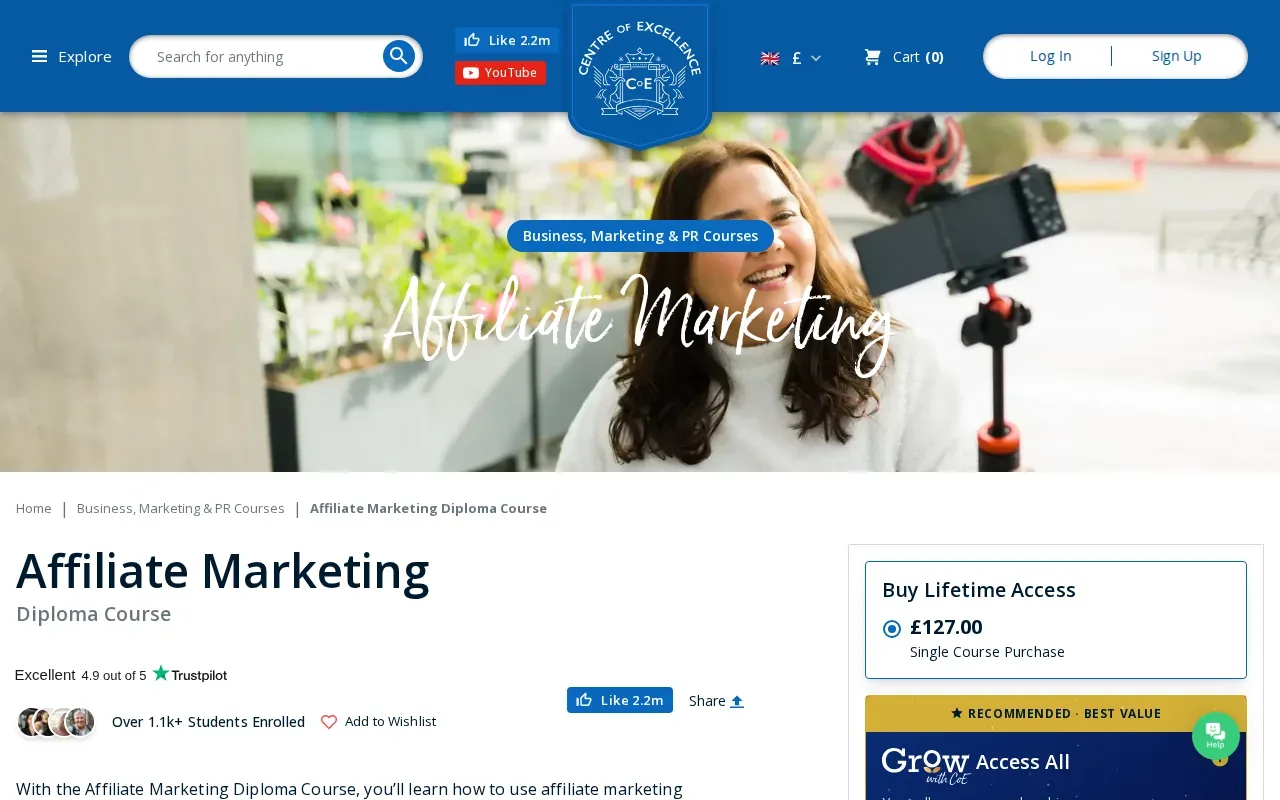 Screenshot of the Affiliate Marketing Diploma by Centre of Excellence website