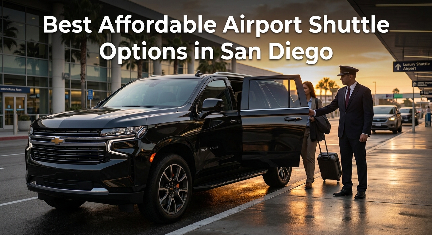 A cinematic view of a sleek black SUV pulling up to the San Diego International Airport curb, with a professional driver opening the door for a traveler carrying a suitcase. Alt: premium airport shuttle San Diego