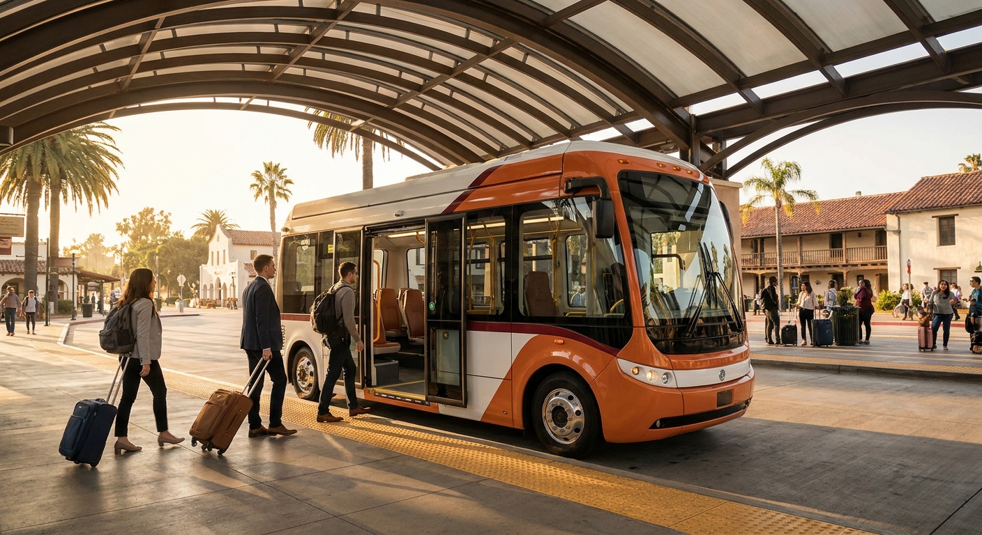 A cinematic shot of the orange‑white San Diego Flyer electric shuttle parked at the Old Town Transit Center, passengers boarding with luggage racks visible. Alt: free electric airport shuttle San Diego