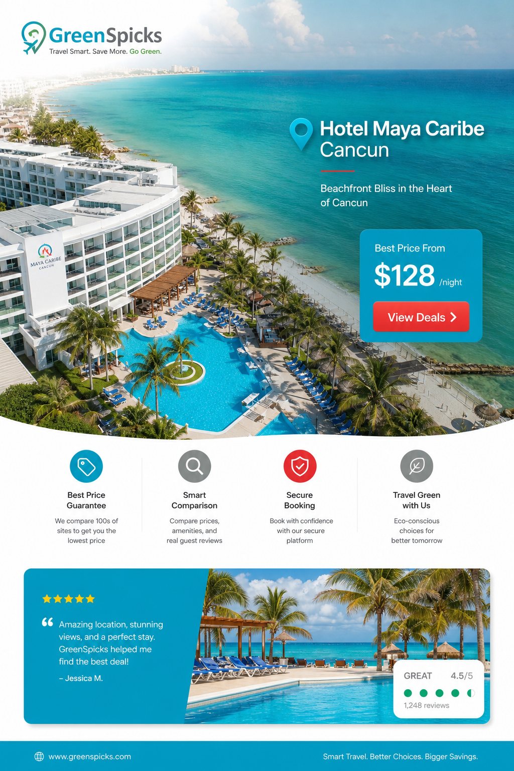 Cinematic prompt: Aerial view of Hotel Maya Caribe Cancun with turquoise sea, palm trees, and a sunlit pool deck. Alt: Maya Caribe Cancun pool and beach.
