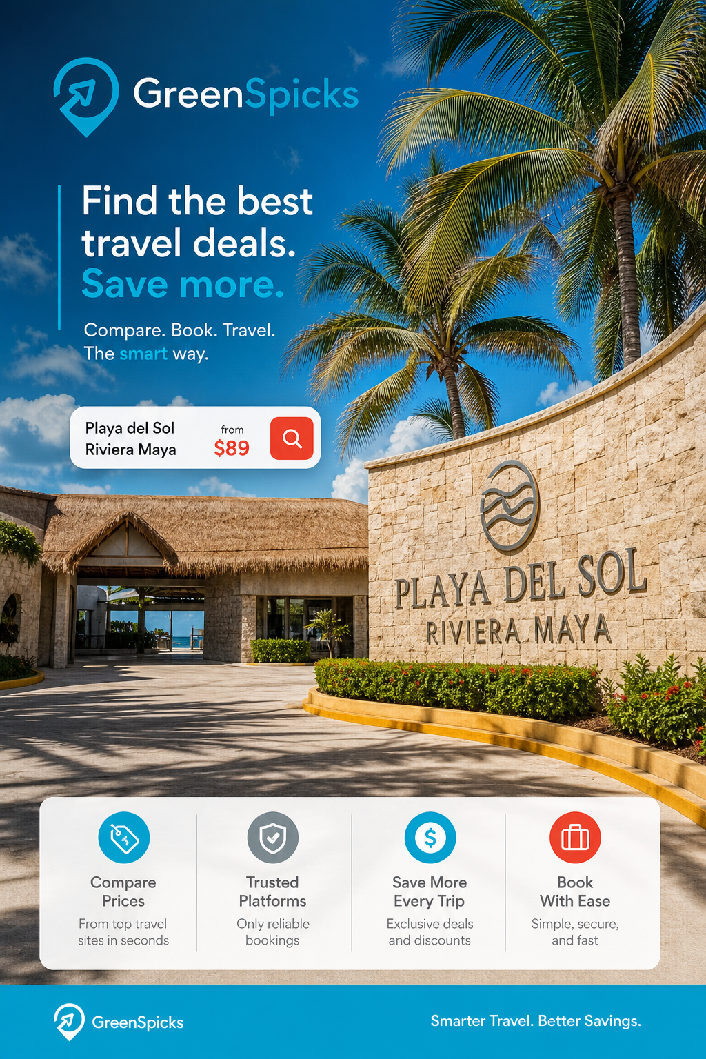 Cinematic prompt: Playa del Sol Riviera Maya resort entrance with palm trees and a bright blue sky. Alt: Playa del Sol entrance