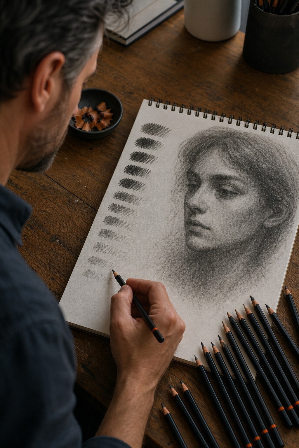 A realistic photo of a graphite drawing expert testing different pencil grades on a sketchpad, with a variety of pencils laid out. Alt: Artist testing graphite pencil grades for portrait shading