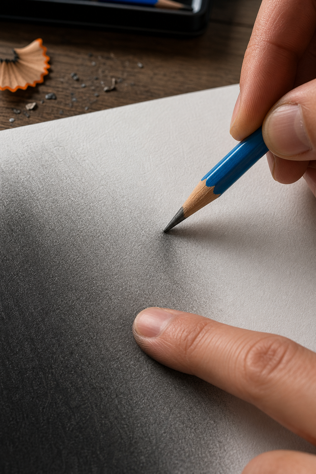 A realistic close-up of a Staedtler Mars Lumograph pencil creating a smooth gradient on paper, with the fingertip blending. Alt: Staedtler Mars Lumograph graphite pencil shading gradient for portraits