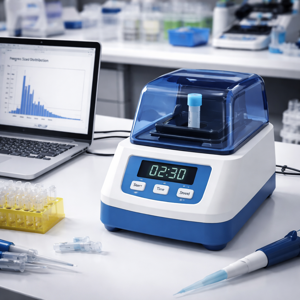 A photorealistic laboratory bench showing an affordable benchtop DNA shearing device with a small footprint, a timer display, and a microcentrifuge tube loaded with DNA sample. The scene includes a laptop displaying fragment size data, realistic lighting, and a background of typical lab equipment. Alt: Affordable benchtop DNA shearing device in use on a lab bench.
