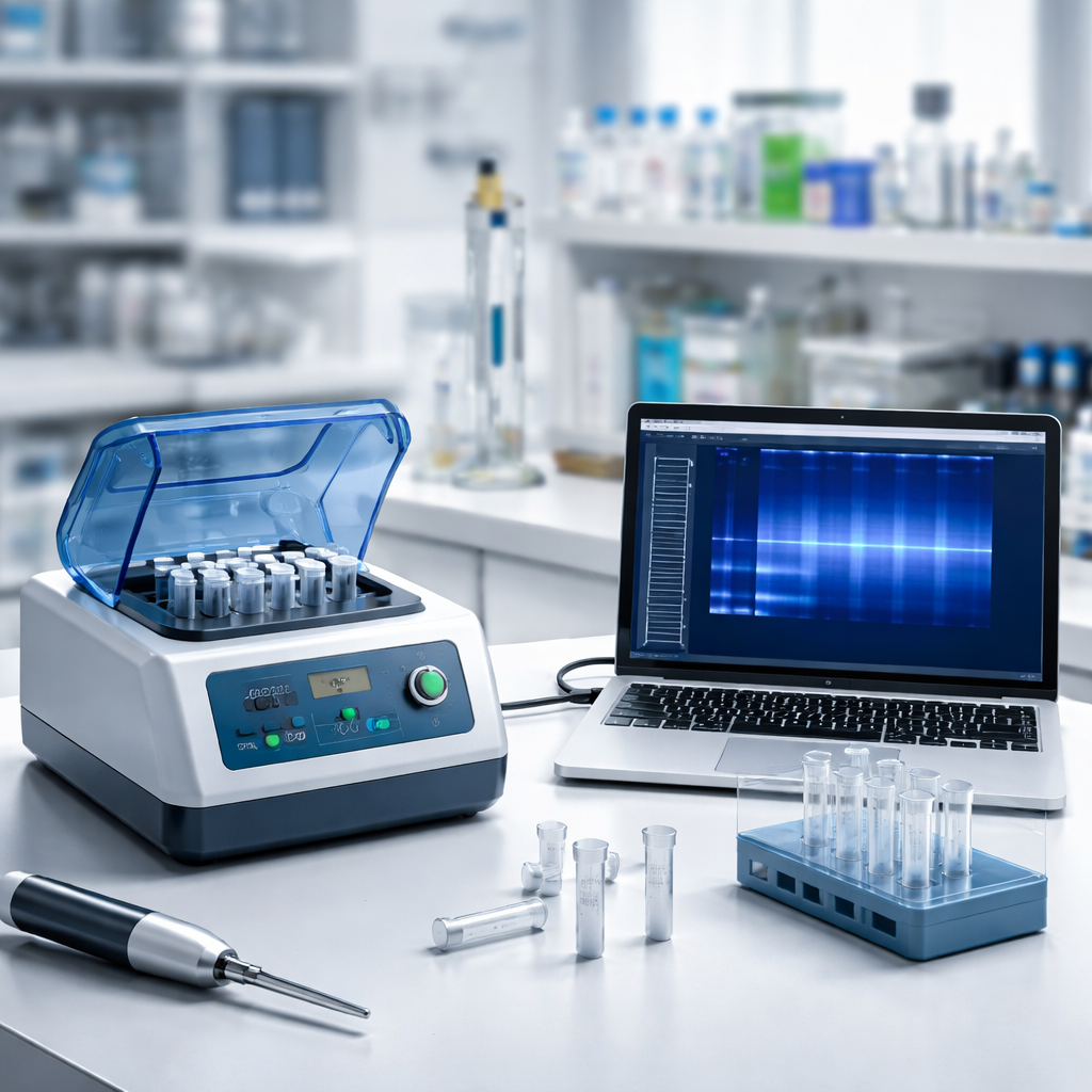 A photorealistic lab bench in a modern teaching lab, showing an affordable benchtop DNA shearing device connected to a laptop, with disposable spin-columns nearby and a gel image on the screen. Alt: photorealistic lab bench with affordable benchtop DNA shearing device and gel readout for academic and CRO labs.