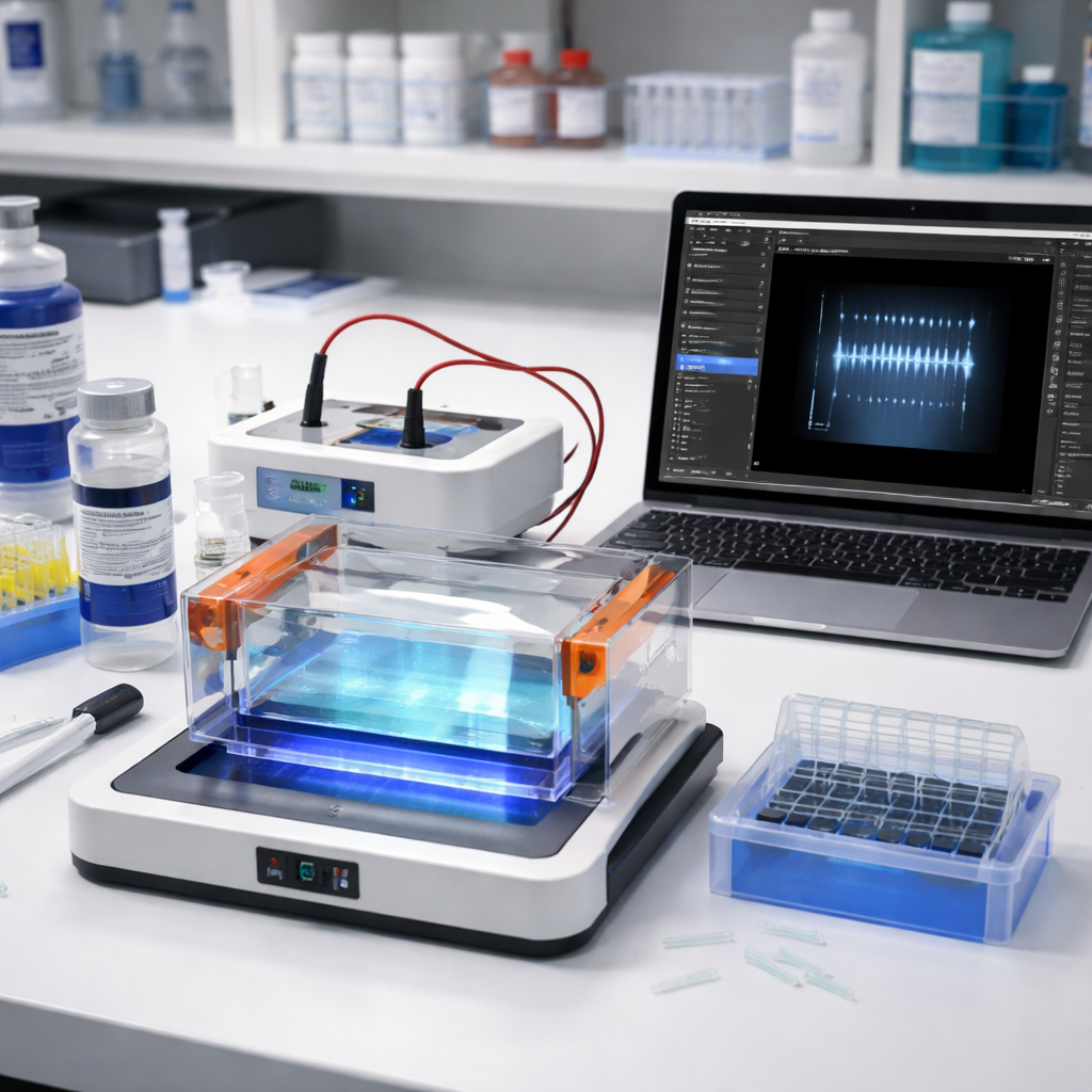 A photorealistic lab bench showing an affordable benchtop gel electrophoresis system with an acrylic tank, blue‑light transilluminator, agarose gel tray, stain bottle, and a laptop displaying the imaging software. Alt: Affordable benchtop gel electrophoresis system with compatible consumables and software in a realistic lab setting.