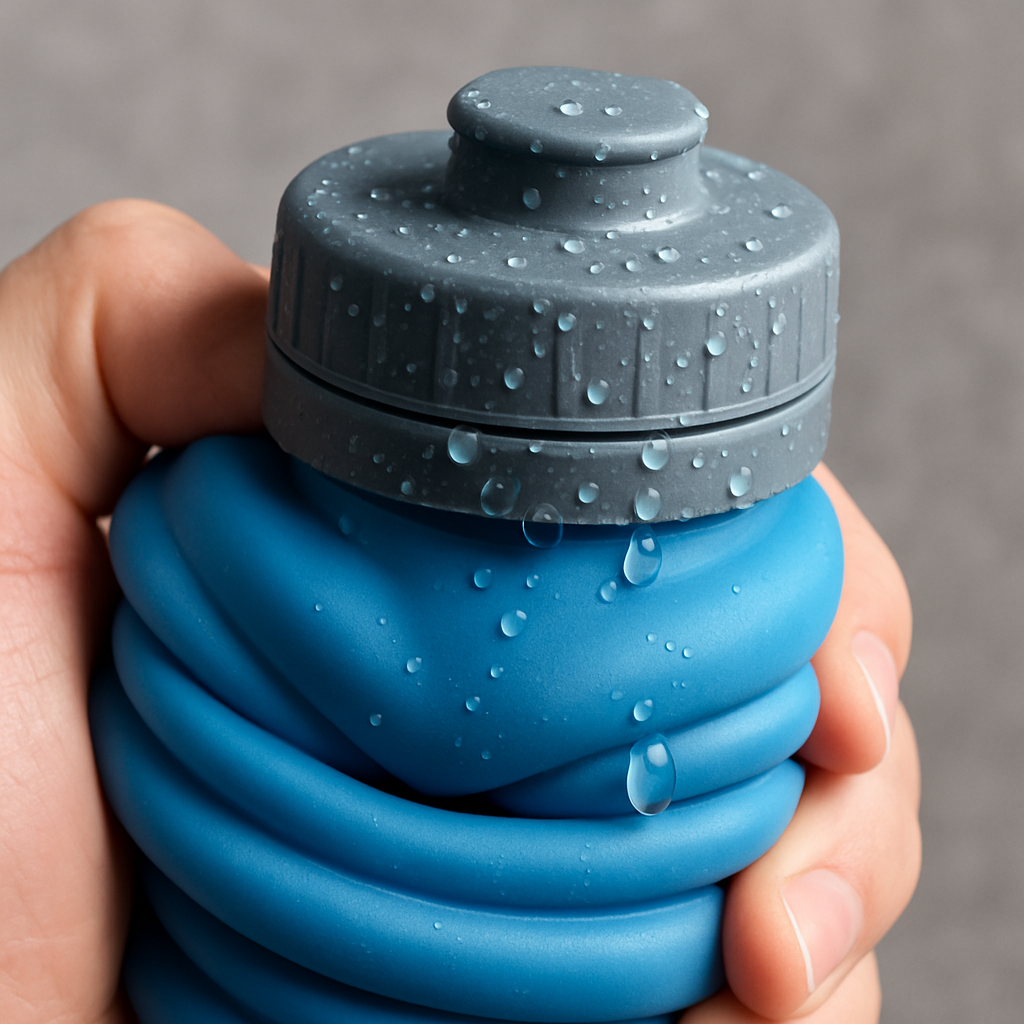 A close‑up of a silicone water bottle being squeezed, with droplets forming on the lid to illustrate a leak‑proof seal. Alt: affordable collapsible silicone water bottle durability and leak‑proof design