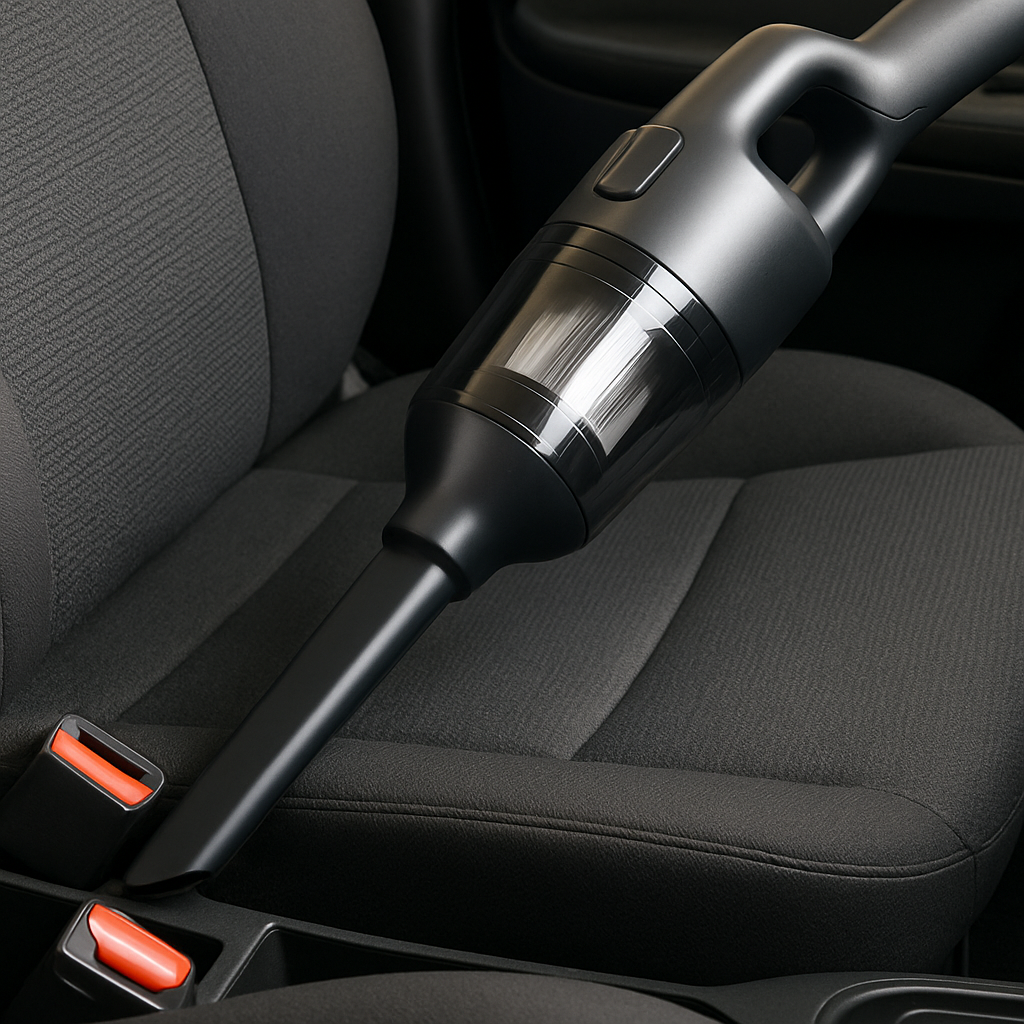 A close‑up of a cordless handheld vacuum’s crevice tool being used inside a car seat gap. Alt: affordable cordless handheld vacuum for car cleaning interior detail.