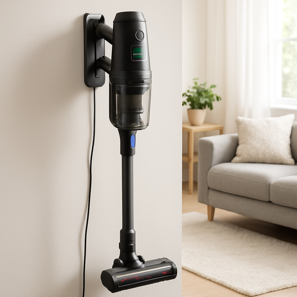 A modern cordless stick vacuum charging on a sleek wall dock in a bright living room, showing the battery indicator at full charge. Alt: affordable cordless stick vacuum for pet hair removal battery life and power.