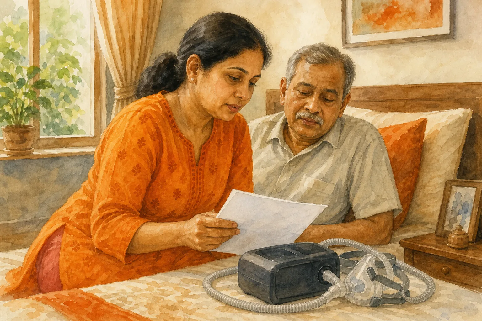 Caregiver checks a CPAP rental device against a clinician’s recommendation in India.