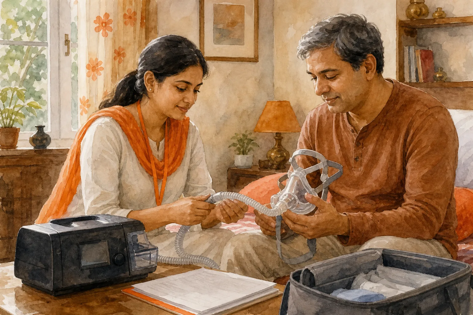CPAP machine handover and safe setup with a caregiver in an Indian home.