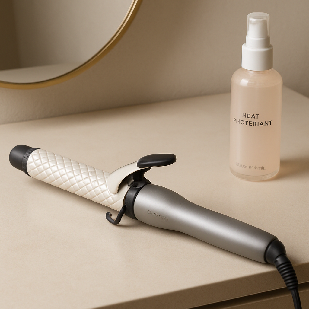 A sleek, lightweight curling iron with a 1‑inch woven ceramic barrel sitting on a vanity, next to a bottle of heat protectant. Alt: affordable curling iron for fine hair, lightweight ceramic design.