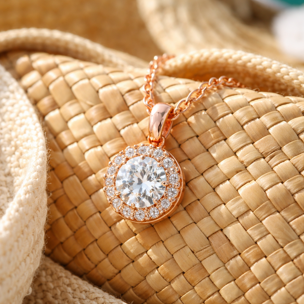 A photorealistic close‑up of a rose‑gold‑plated diamond veneer pendant resting on a woven beach tote, with soft sunlight highlighting the sparkle, appealing to stylish women travelers. Alt: Affordable diamond veneer jewelry for vacation showing a lightweight rose gold pendant.