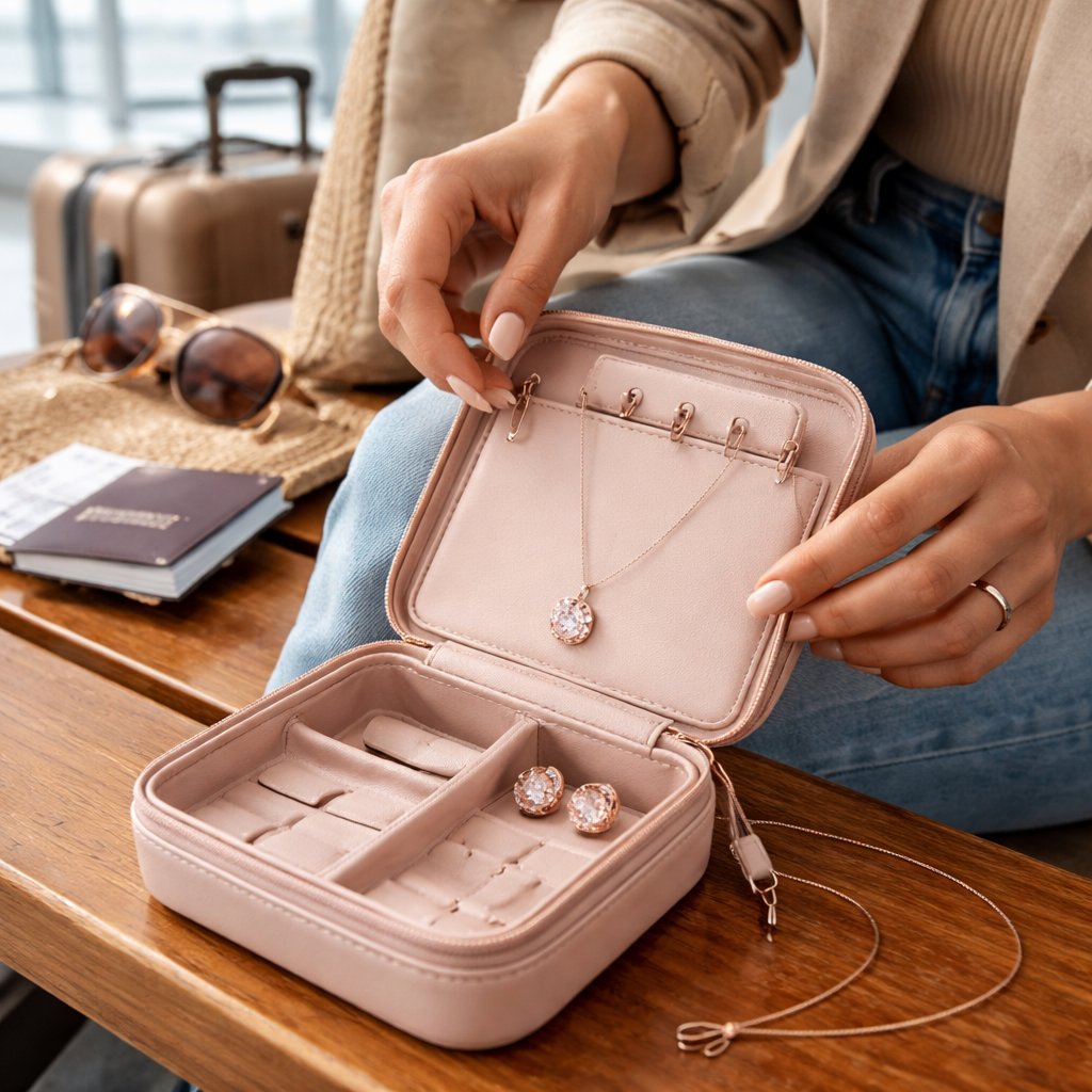 A photorealistic scene of a stylish woman packing a sleek travel jewellery pouch with a rose‑gold bezel‑set CZ pendant, thin silver chain, and magnetic‑clasp earrings on a wooden boarding‑gate bench. Alt: affordable diamond veneer jewelry for vacation styled and packed.