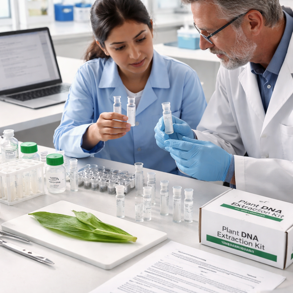A photorealistic lab bench with a plant DNA extraction kit, microcentrifuge, labeled microtubes, and a handheld bead‑beating device, soft natural lighting, realistic textures, showcasing affordable setup for a university research lab. Alt: Affordable DNA extraction kit for plant tissue bench setup.