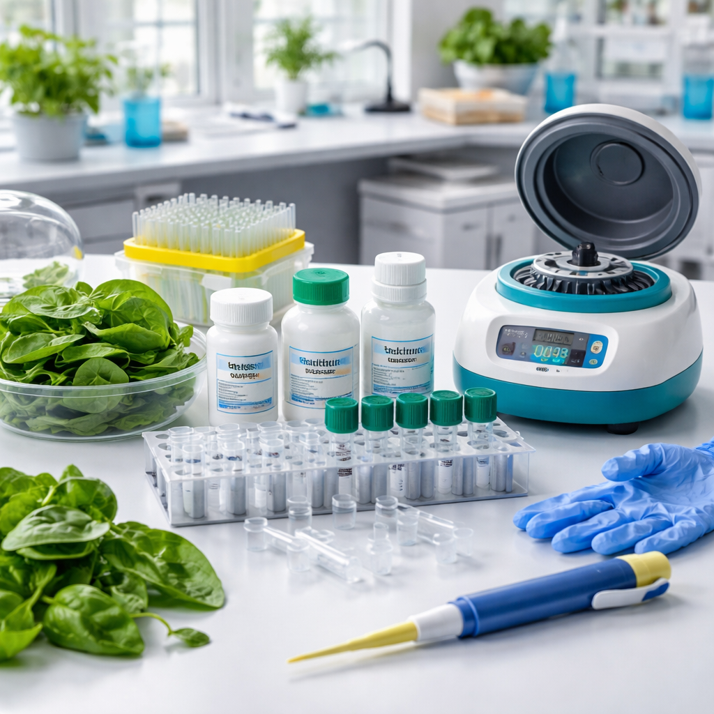 A photorealistic lab bench shows a plant tissue DNA extraction workflow with a budget-friendly kit, small tubes, a microcentrifuge, and leafy leaf material on a clean bench. Alt: Realistic lab scene of an affordable DNA extraction kit for plant tissue in use, suitable for Academic & Research Institutions and Agricultural Labs.