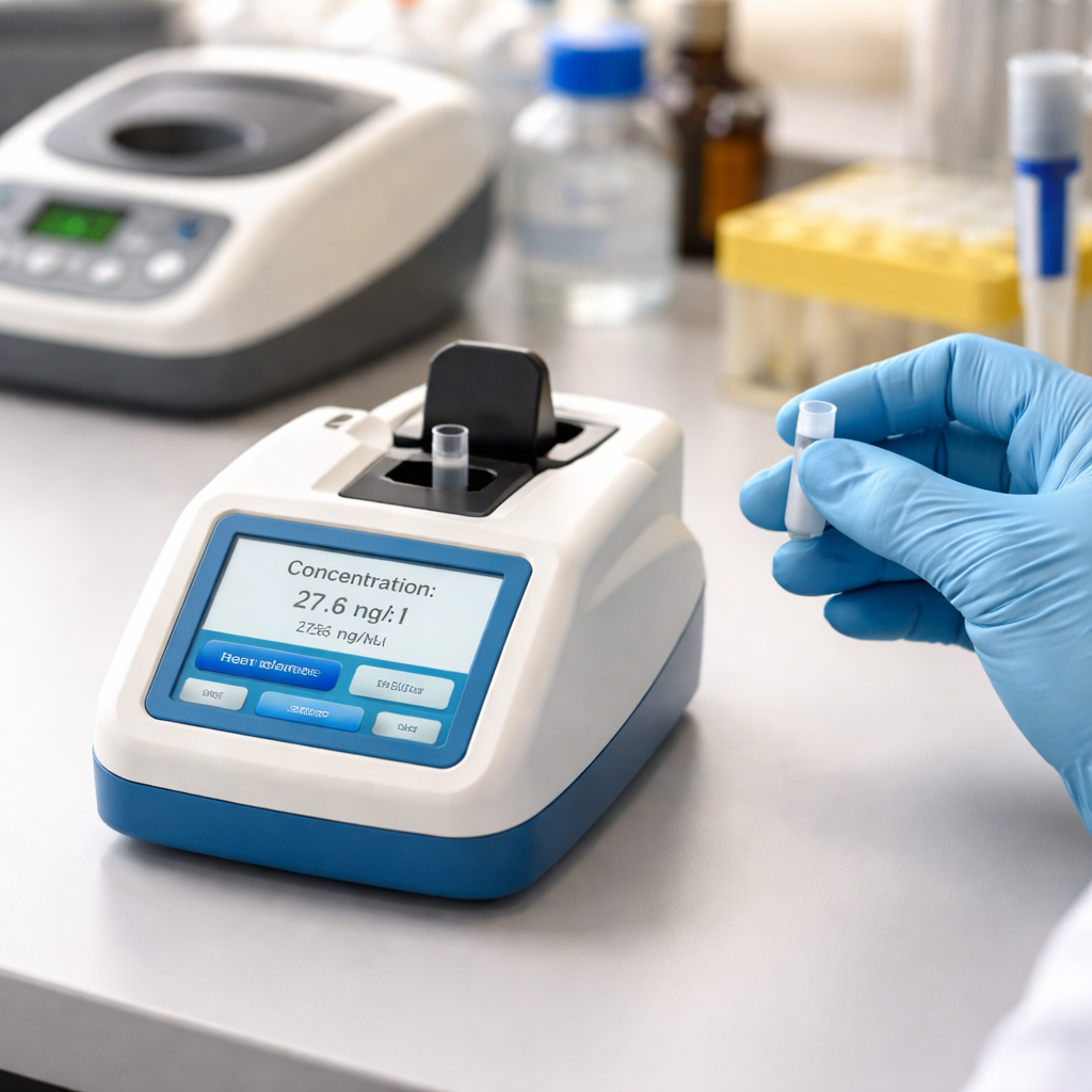 A photorealistic lab bench with a compact DNA quantification fluorometer, a microcentrifuge, and a scientist holding a tiny sample tube, soft natural lighting, realistic textures, focus on the instrument display showing concentration numbers, Alt: affordable DNA quantification fluorometer on a lab bench showing user-friendly interface.