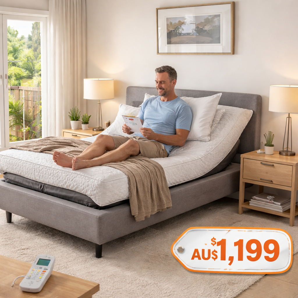 A photorealistic scene of an Australian bedroom with a mid‑range electric adjustable bed, a simple wireless remote on the nightstand, and a price tag showing AU$1,199, highlighting a user reviewing the warranty card. Alt: affordable electric adjustable bed australia