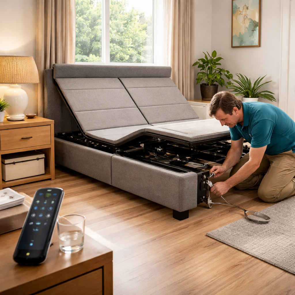 A photorealistic scene of an Australian bedroom showing an affordable electric adjustable bed being assembled on a wooden floor, a caregiver tightening bolts, a back‑lit remote on the nightstand, sunlight streaming through a window. Alt: affordable electric adjustable bed australia setup and maintenance