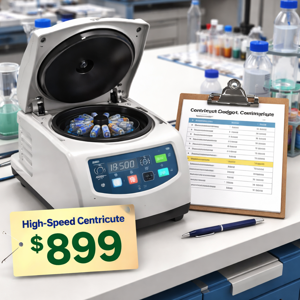 A photorealistic lab bench scene showing a compact high‑speed centrifuge with a price tag overlay and a spreadsheet comparison sheet beside it. Alt: affordable high-speed centrifuge for labs budget comparison visual.