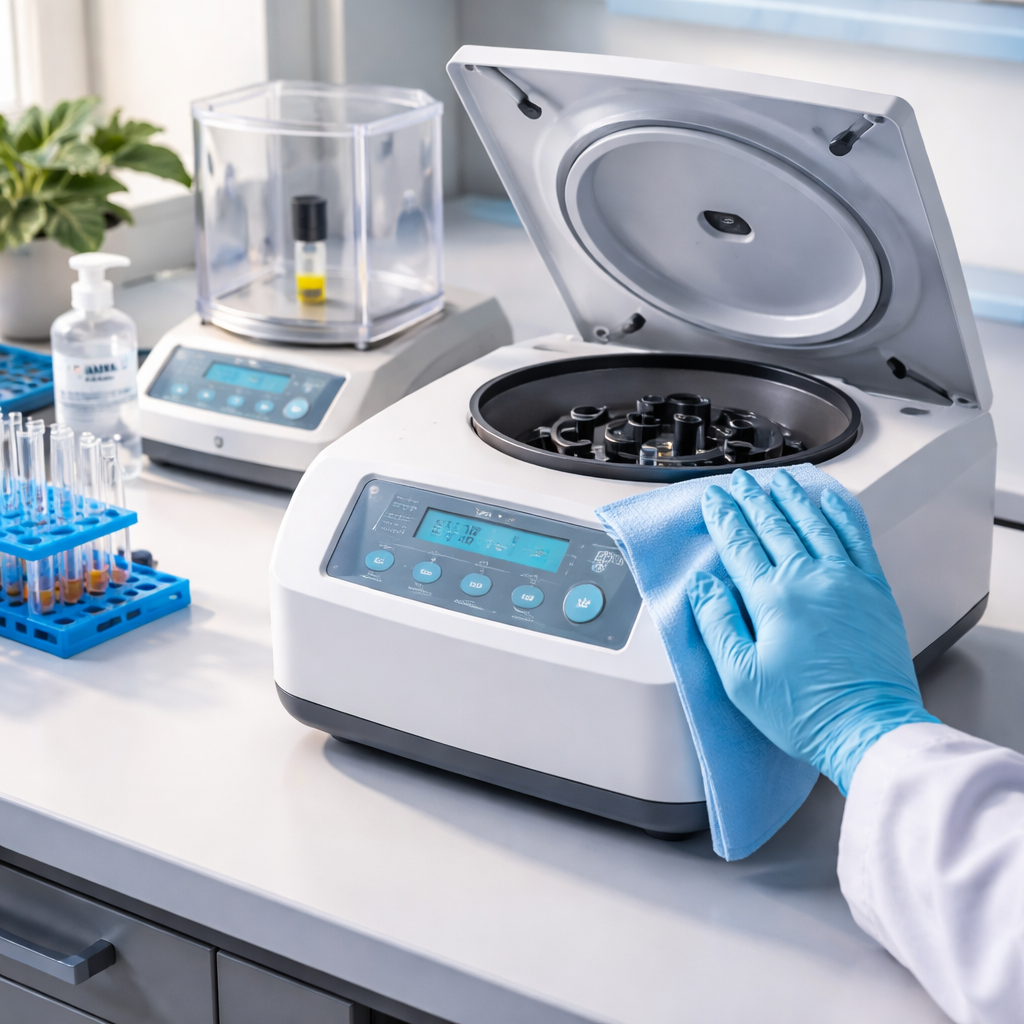 A photorealistic scene of a lab bench with an affordable high‑speed centrifuge being cleaned, a technician wearing a lab coat using a lint‑free cloth, a balance and sample tubes nearby, soft natural lighting highlighting the equipment. Alt: Technician maintaining an affordable high‑speed centrifuge on a clean bench.