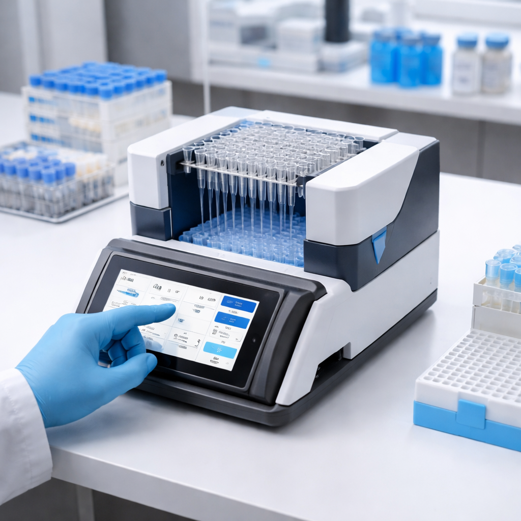A photorealistic lab bench showing an affordable high-throughput pipette tip dispenser loaded with a 96‑well tip rack, a researcher adjusting the tablet app, and clear lighting highlighting the equipment. Alt: affordable high-throughput pipette tip dispenser set up for operation.