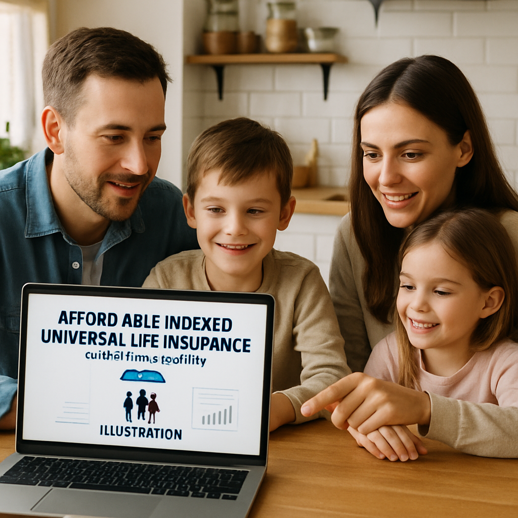 A family sitting at a kitchen table with a laptop, reviewing an Indexed Universal Life insurance illustration. Alt: Affordable indexed universal life insurance with living benefits quotes illustration