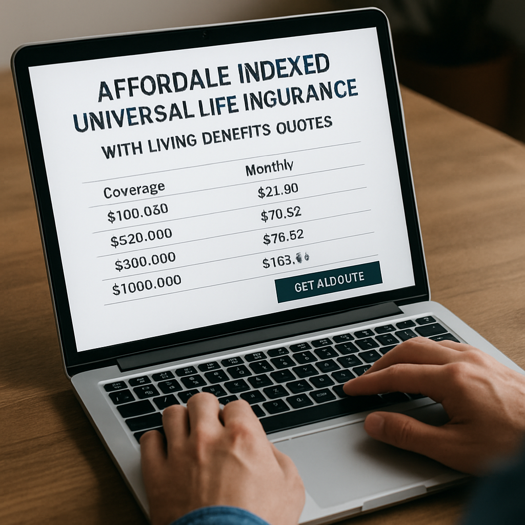 A person reviewing life insurance quotes on a laptop, Alt: affordable indexed universal life insurance with living benefits quotes