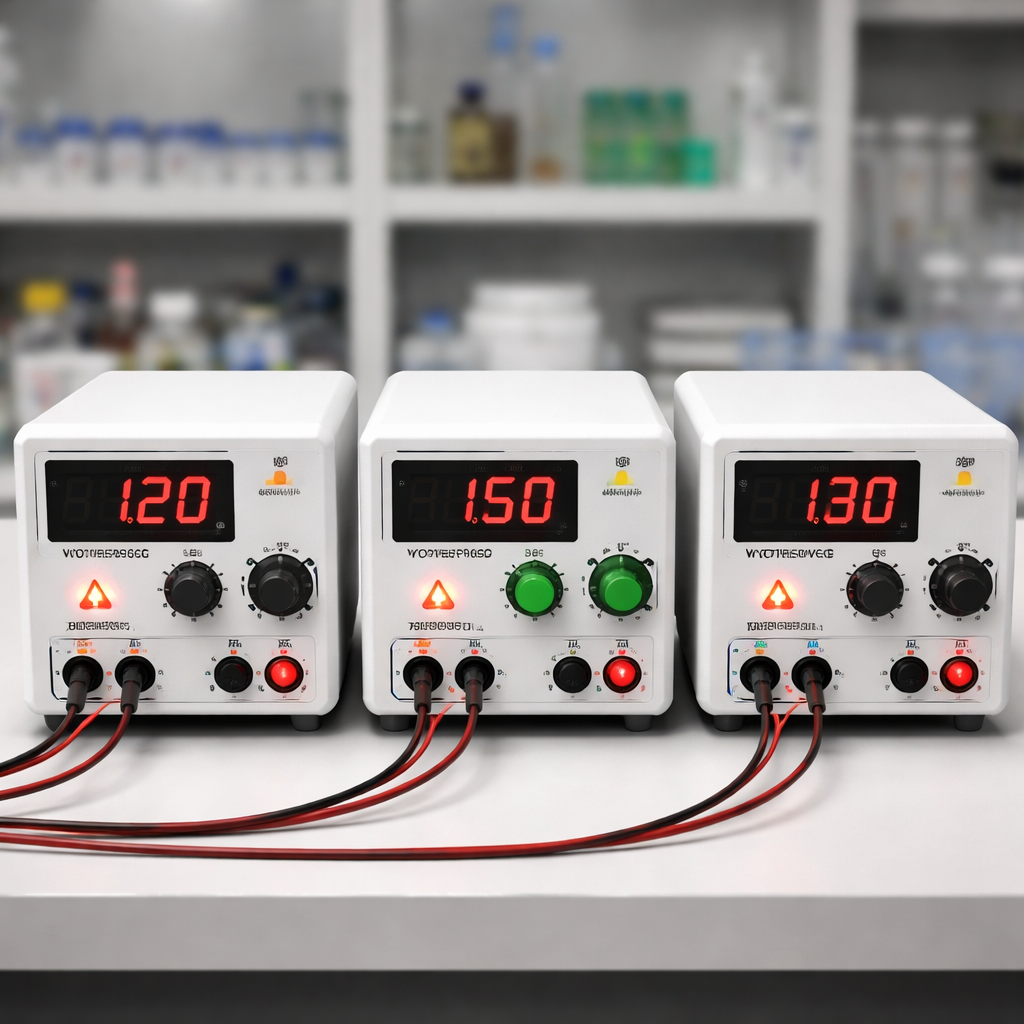 A photorealistic lab bench showing three affordable lab bench power supplies for electrophoresis side by side, with clear voltage displays and safety shut‑off lights, realistic lighting, focus on equipment, alt: affordable lab bench power supply for electrophoresis