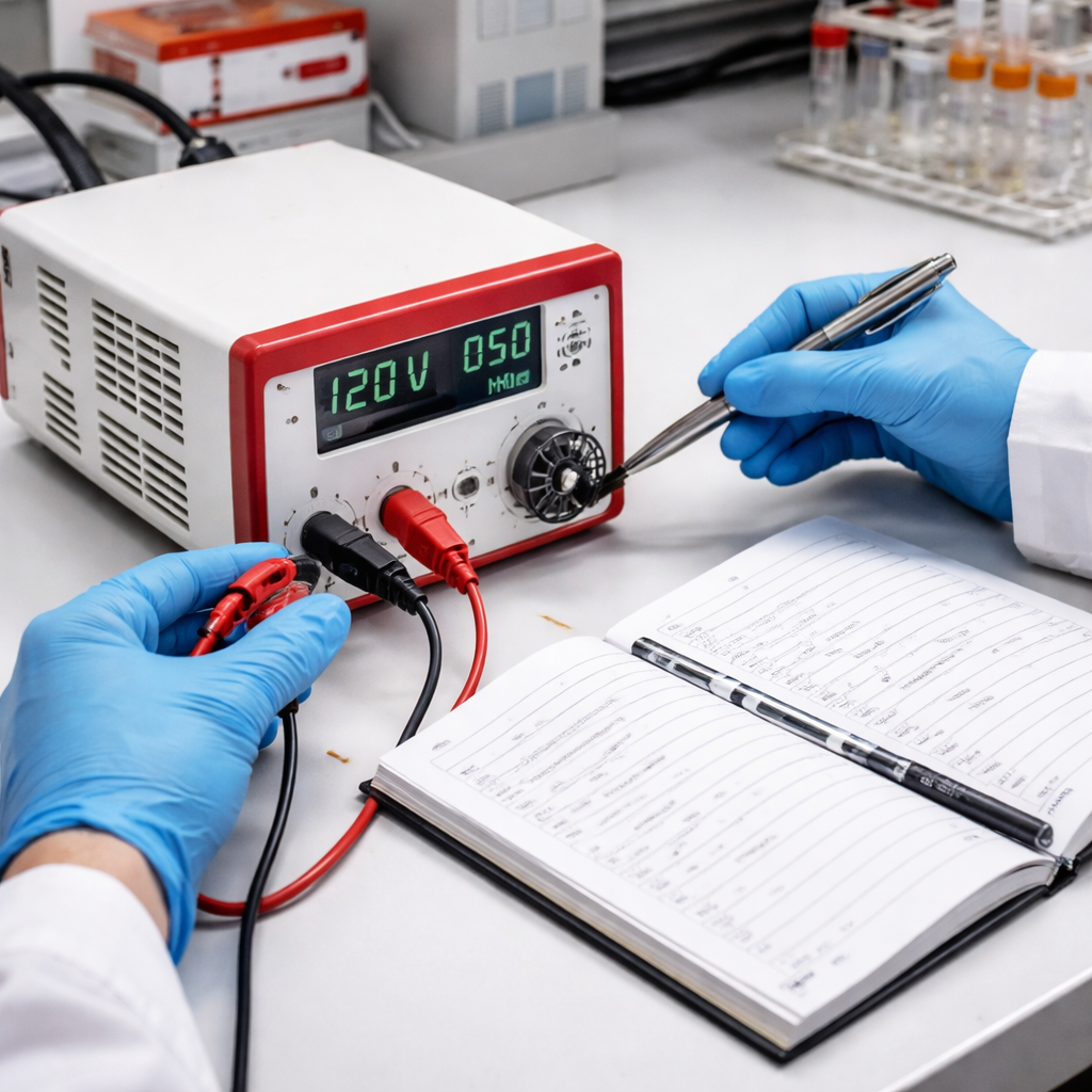 A photorealistic lab bench showing an affordable lab bench power supply for electrophoresis with a technician checking the banana plugs, cleaning the vent, and writing notes in a logbook. Alt: Affordable lab bench power supply maintenance and troubleshooting
