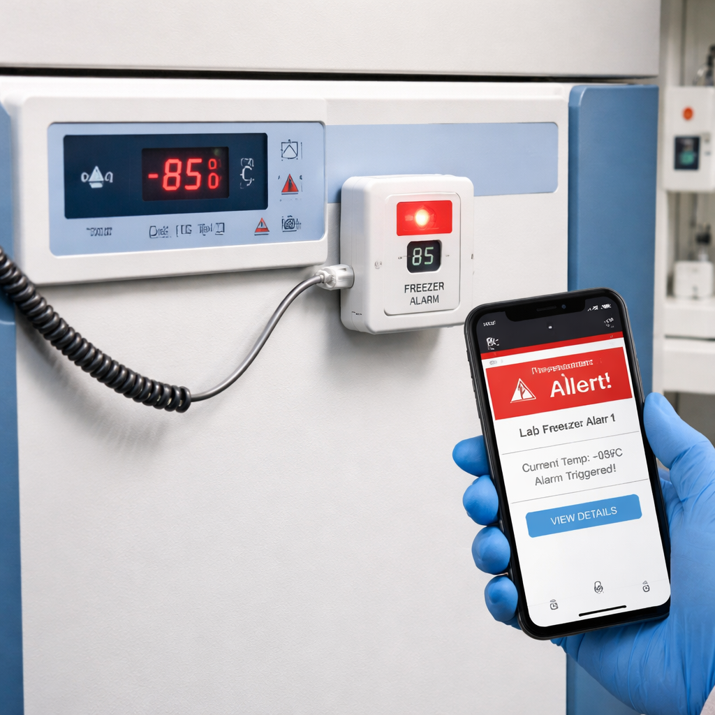 A photorealistic lab bench with an ultra‑low temperature freezer, a small plug‑in alarm module attached to the temperature probe, its LED flashing red, and a researcher’s hand holding a smartphone showing a temperature alert. Alt: affordable lab freezer alarm in use.