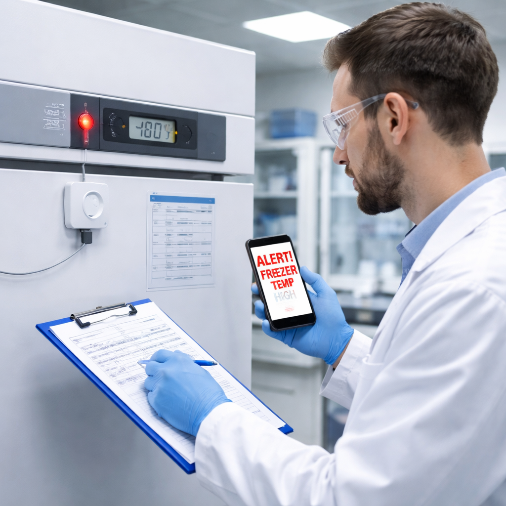 A photorealistic lab scene showing a researcher checking a freezer alarm sensor, writing notes on a clipboard, and looking at a smartphone displaying an alert. Alt: Affordable lab freezer alarm system maintenance and troubleshooting.