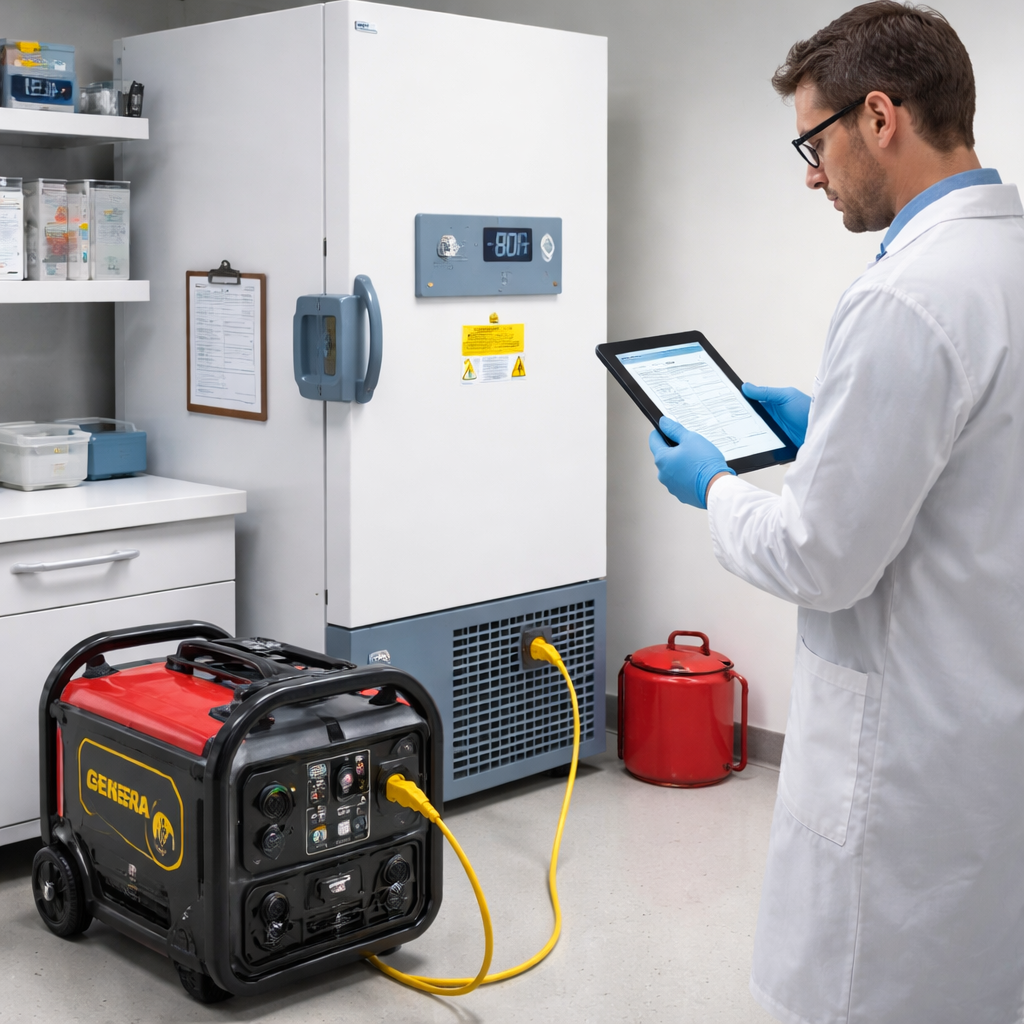A photorealistic lab scene showing a compact generator beside an ultra‑low temperature freezer, with a researcher checking a maintenance log on a tablet. Alt: affordable lab freezer backup generator maintenance.
