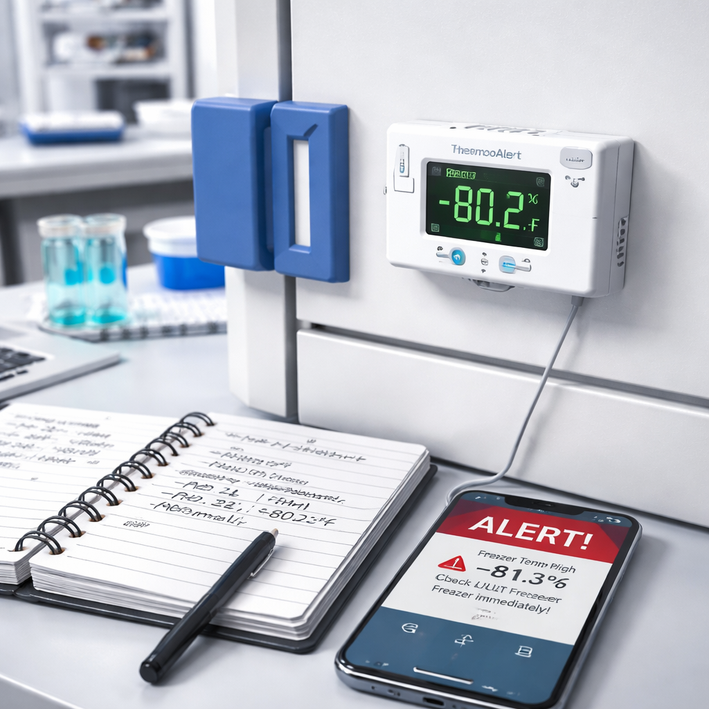 A photorealistic lab bench showing an affordable lab freezer temperature monitor attached to a ULT freezer, a notebook with logged thresholds beside it, and a smartphone displaying an alert. Alt: Affordable lab freezer temperature monitor being checked and logged.