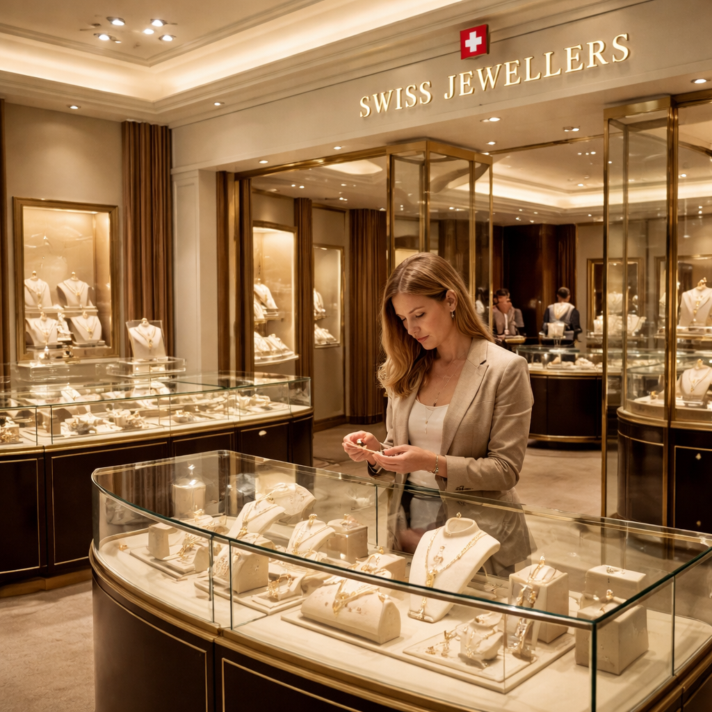 A realistic showroom interior showing a Swiss jewellery boutique with glass cases, soft lighting, and a customer examining a gold necklace. Alt: trusted Swiss jewellery retailer interior