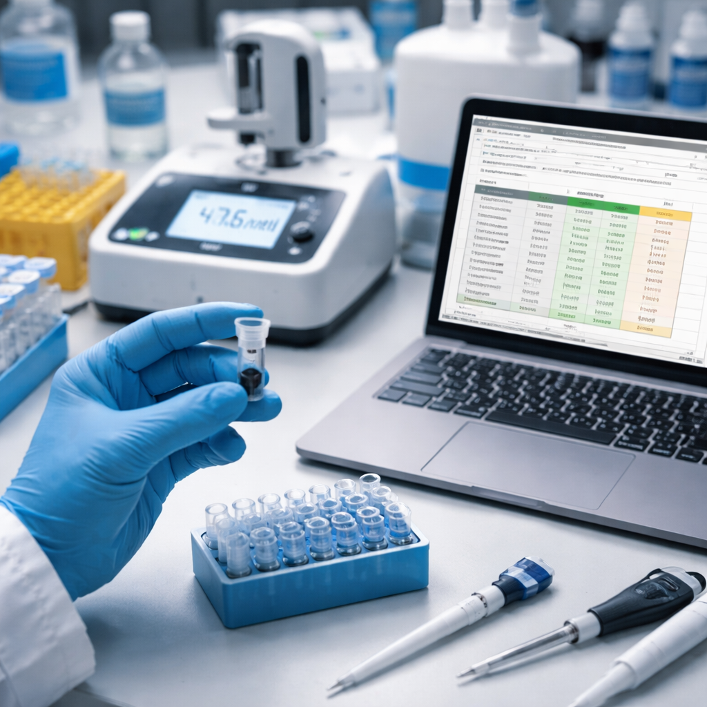 A photorealistic lab bench showing a researcher holding a microtube with magnetic beads, a NanoDrop reading on the screen, and a spreadsheet open on a laptop, highlighting the evaluation of an affordable magnetic bead purification kit. Alt: evaluating performance of an affordable magnetic bead purification kit.