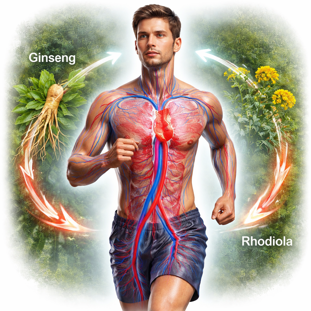 A realistic illustration of a man’s circulatory system highlighting how natural herbs like ginseng and Rhodiola support blood flow during activity. Alt: affordable male stamina supplement benefits visualized in anatomy.