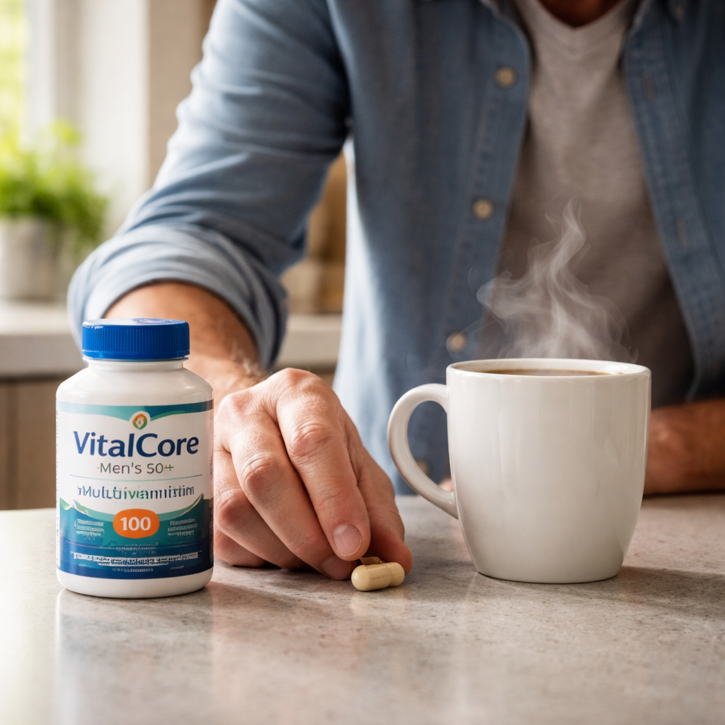 A photorealistic scene of a middle‑aged man placing a VitalCore capsule beside a steaming coffee mug on a kitchen counter, soft natural light, realistic style, highlighting the simplicity of a once‑daily supplement. Alt: Affordable men's multivitamin over 50 – simple daily routine.