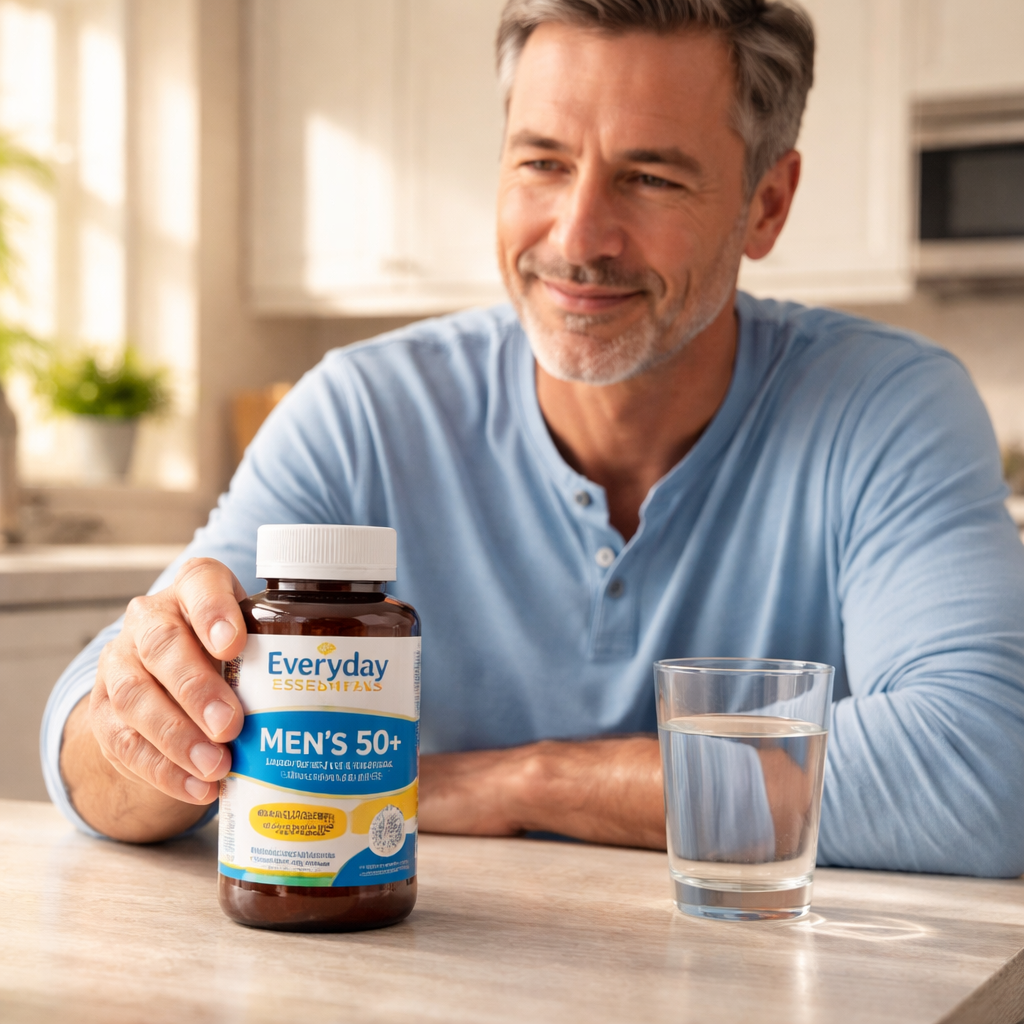 A photorealistic scene of a middle‑aged man at a kitchen table, holding a bottle of Everyday Essentials Men's 50+ multivitamin next to a glass of water, soft morning light highlighting the label, realistic style, emphasizing affordability and daily use. Alt: affordable men's multivitamin over 50 on kitchen countertop.